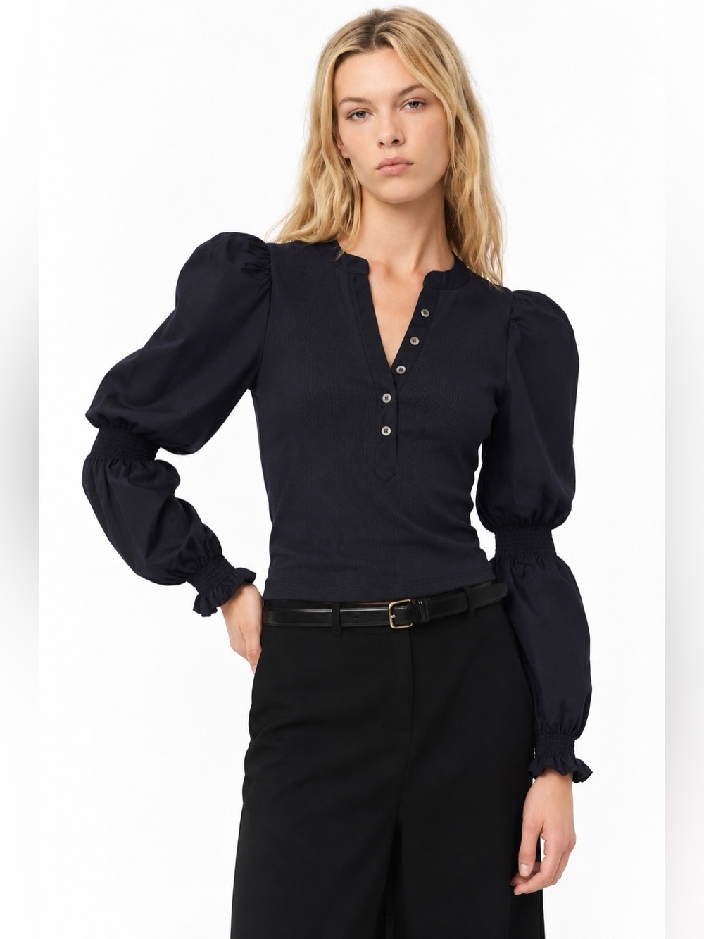 NWOT Veronica Beard Effy Navy Puff Long Sleeve Ribbed Henley Top | XS (US 0-2)